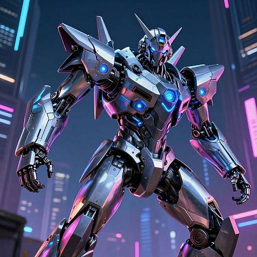 Glowing blue-eyed, silver metallic humanoid robot with angular armor and neon pink accents standing in a futuristic cityscape at night. Digital CGI artwork.