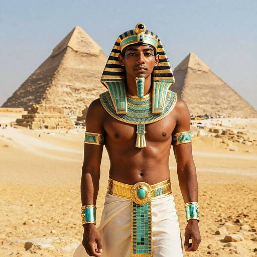 Photograph of a muscular Black man in ancient Egyptian attire with a striped headdress, turquoise and gold jewelry, and white loincloth, standing before