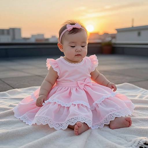Photograph of a baby girl in a pink, lace-trimmed dress, sitting on a rooftop at sunset, wearing a pink headband.