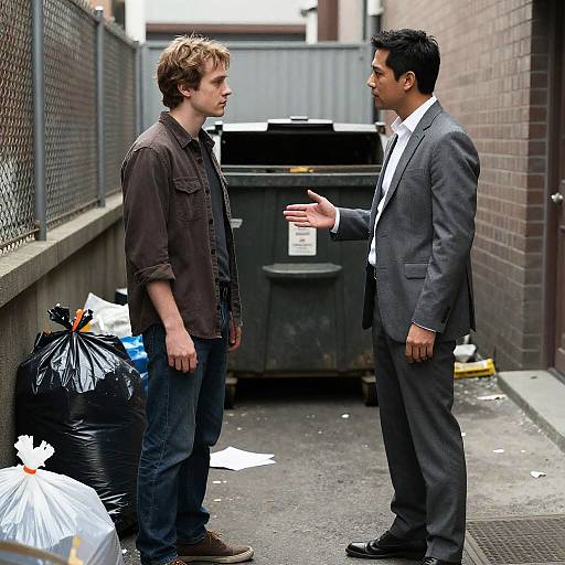 Two men talking in an alley
