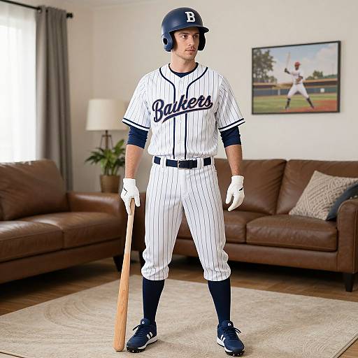 Photograph of a male baseball player in white pinstripes and blue cap, holding a bat, standing in a living room with brown sofas and
