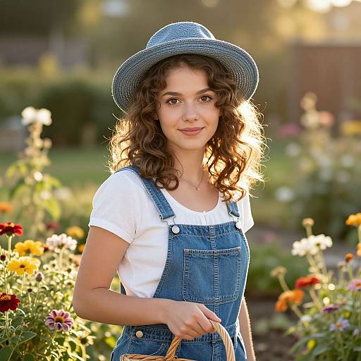 Photograph of a young woman with curly brown hair, wearing a blue denim hat, white top, and blue overalls, standing in a sunlit