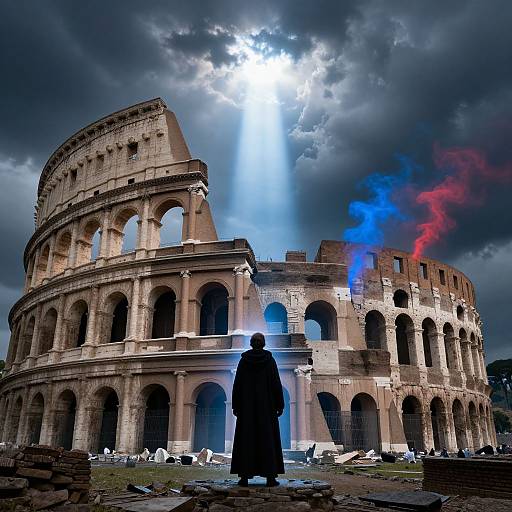 Photograph of a silhouetted figure in front of the Colosseum, with dramatic light beams and smoke clouds against a stormy sky