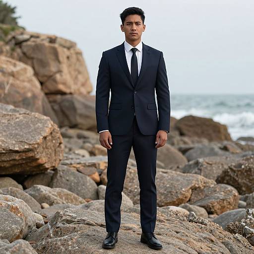 Man in Suit on Rocky Beach