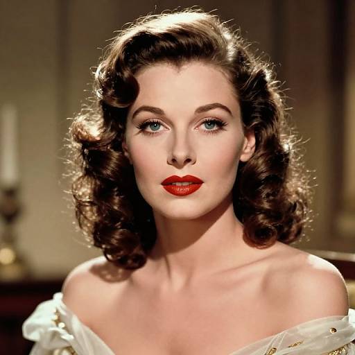 Vintage-style photograph of a fair-skinned woman with blue eyes, red lipstick, and wavy dark brown hair, wearing a white off-shoulder