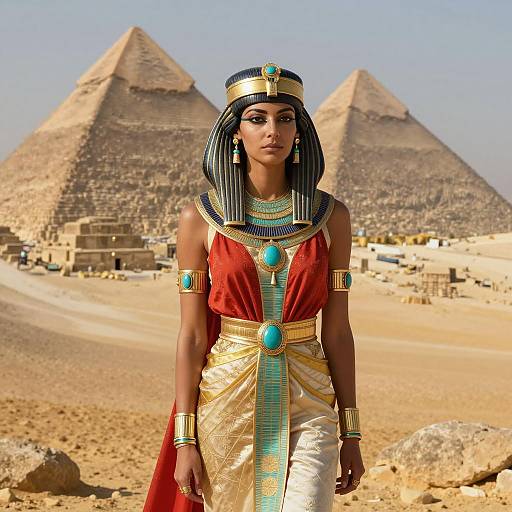Ancient Egyptian Queen in Front of Pyramids