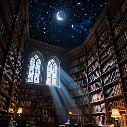 Moonlit Ancient Library with Starry Ceiling