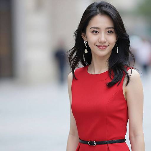 Photograph of an Asian woman with long black hair, wearing a sleeveless red dress, black belt, and silver earrings, smiling outdoors with a blurred