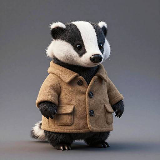 CGI image of a cute, anthropomorphic black and white badger wearing a tan, buttoned coat, standing against a gray gradient background.