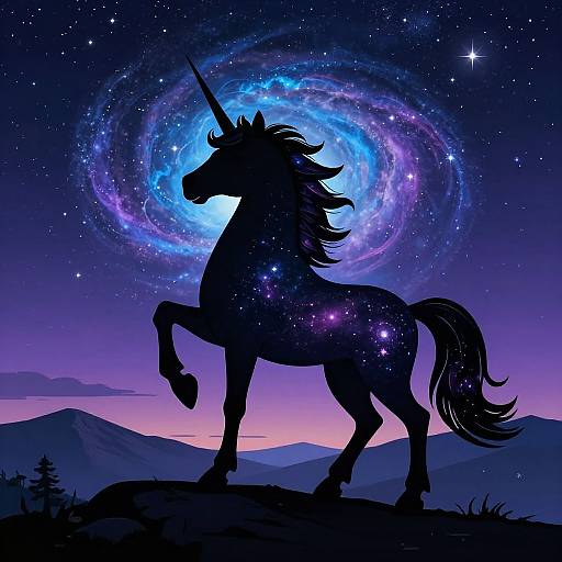Silhouetted unicorn with a glowing spiral galaxy and stars in the night sky, standing on a mountain ridge under a purple and pink sunset. Digital