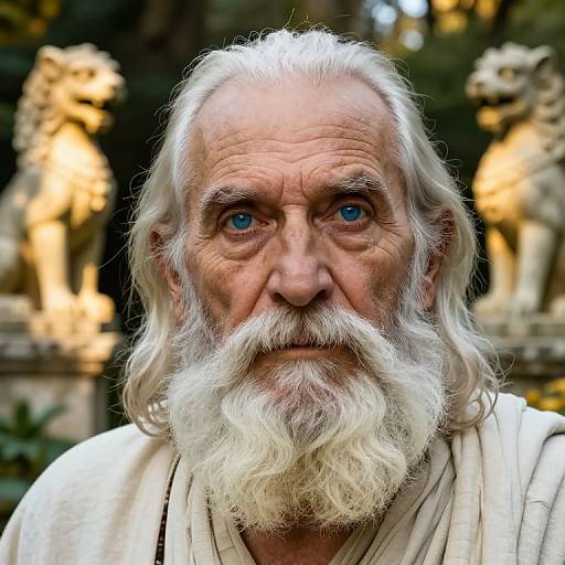 Photograph of an elderly man with white hair and beard, blue eyes, and a serious expression, wearing a white robe, in front of blurred,
