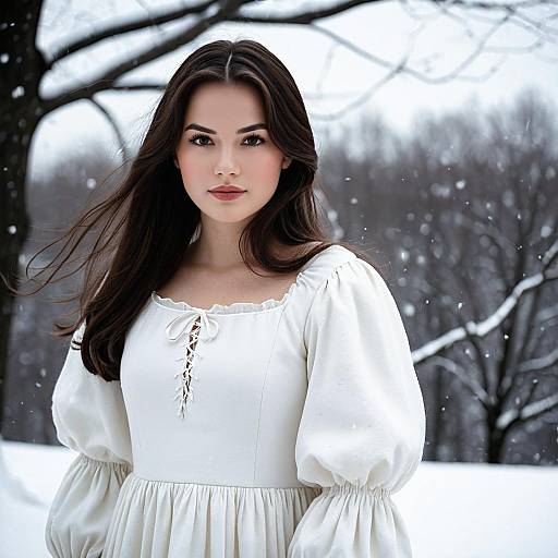 Woman in White Puffy Sleeve Dress in Winter Snow
