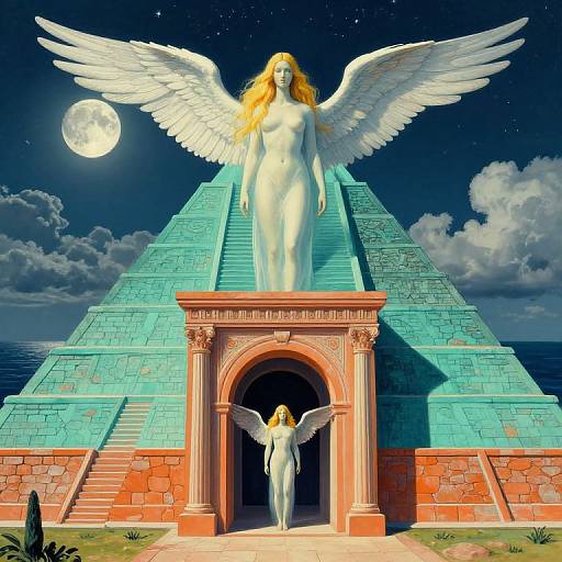 Digital art: Angelic, nude, white-winged woman with long blonde hair stands atop a turquoise pyramid under a full moon, with a smaller version