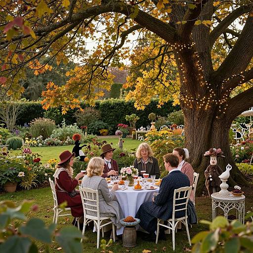 Photograph of an autumn garden picnic: seven people in vintage clothing sit around a white table under a large tree with orange leaves, surrounded by colorful flowers