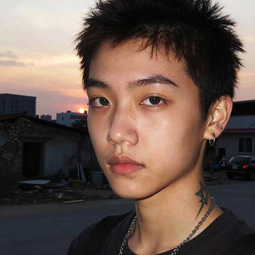 Photograph of an Asian young man with short, spiky black hair, nose piercing, ear piercings, and tattoo, wearing a black shirt