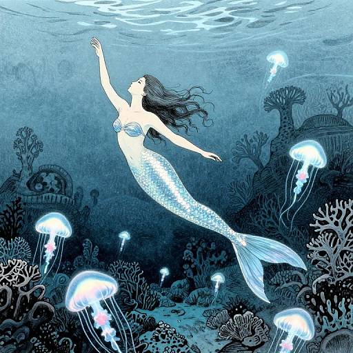 Digital illustration of a white, shimmering mermaid with long black hair, floating underwater among glowing jellyfish and dark blue coral.