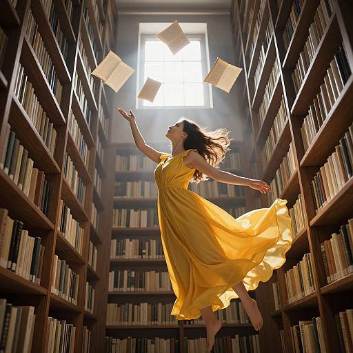 Photograph of a woman in a flowing yellow dress, dancing among floating books in a sunlit library aisle.