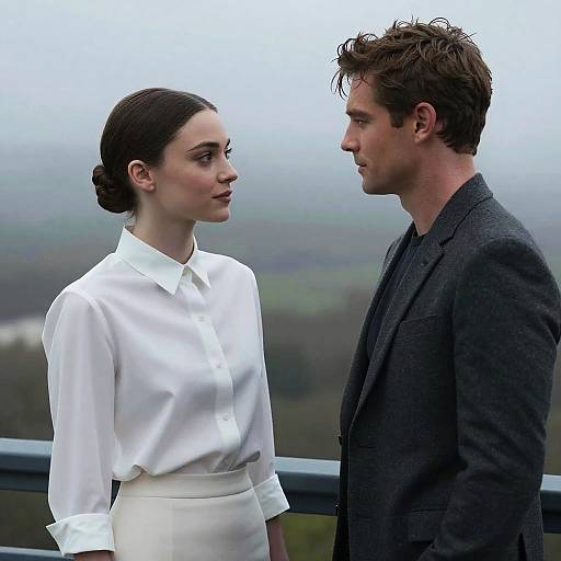 Photograph of a serious brunette woman in a white blouse and skirt, facing a brown-haired man in a gray suit, outdoors with a misty,
