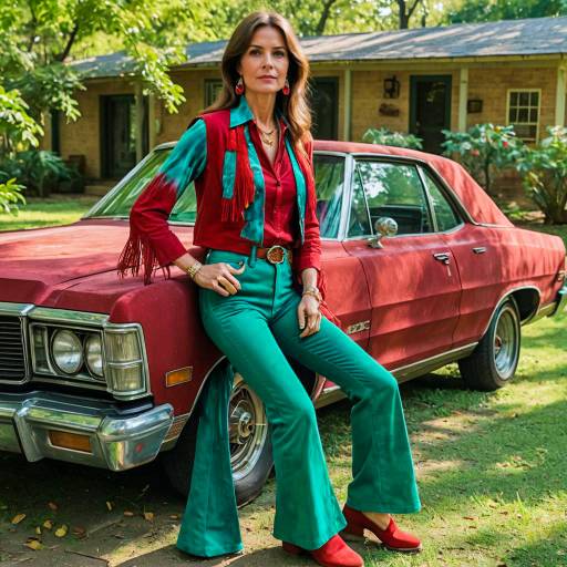 Woman in 70s Outfit Leaning on Vintage Car