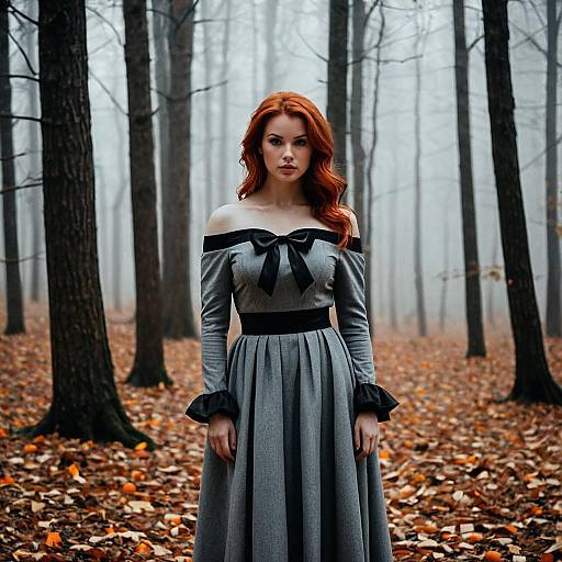 Red-haired Woman in Foggy Autumn Forest