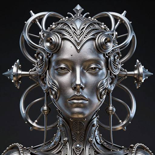 Digital CGI portrait of a silver-toned, metallic woman with intricate, futuristic headgear featuring circular and spiral patterns against a dark background.