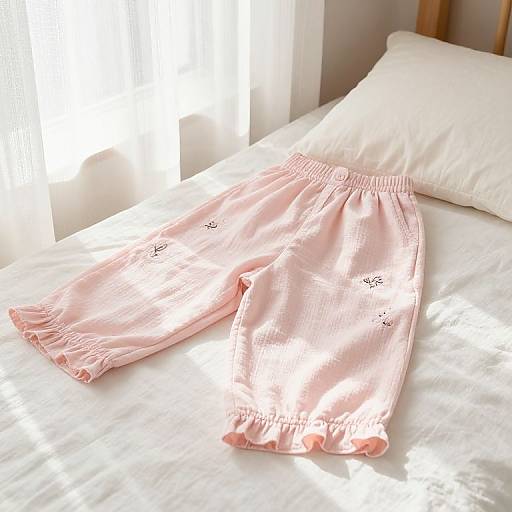 Photograph of pink, embroidered baby pants with pom-poms, lying on a sunlit white bed with a white pillow.