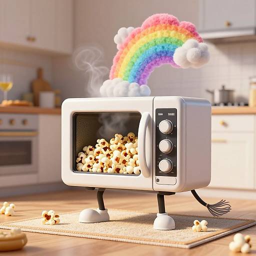 Digital artwork of a microwave with popcorn, rainbow, and puffs emitting from its top, standing on wooden kitchen floor with scattered popcorn.