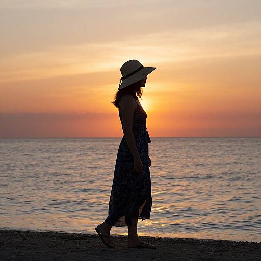 Silhouetted woman in a sundress and wide-brimmed hat walks along a beach at sunset, with orange and pink sky reflecting on calm