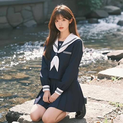 Asian Girl in Navy School Uniform by River
