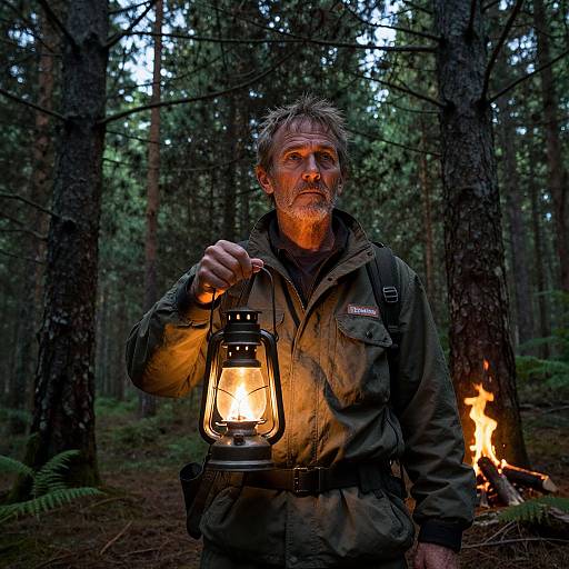 Photograph of a rugged, bearded man with gray hair holding a glowing lantern in a forest, standing near a campfire.