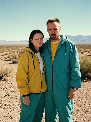 Couple in Walter White and Jesse Pinkman Costumes in Desert