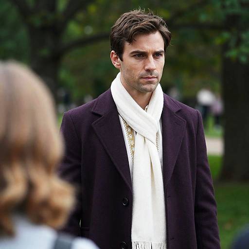 Man in Purple Coat with White Scarf Outdoors