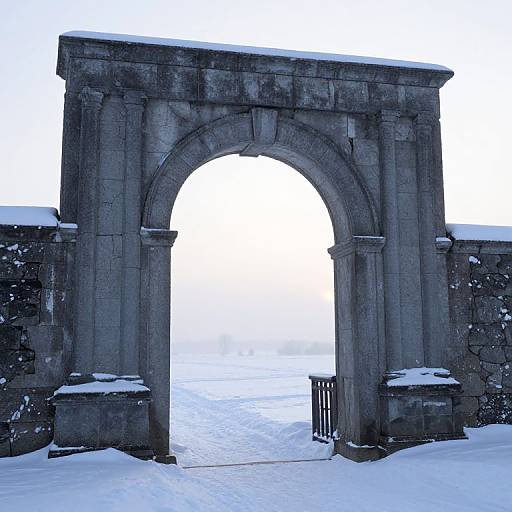 Photograph of a snow-covered, stone archway with a bright, white background beyond, flanked by dark stone walls and a small fence.