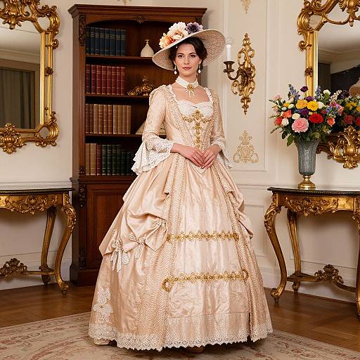 Photograph of a Victorian-style woman in an ornate cream dress, lace-trimmed, wide-brimmed hat with flowers, standing in a