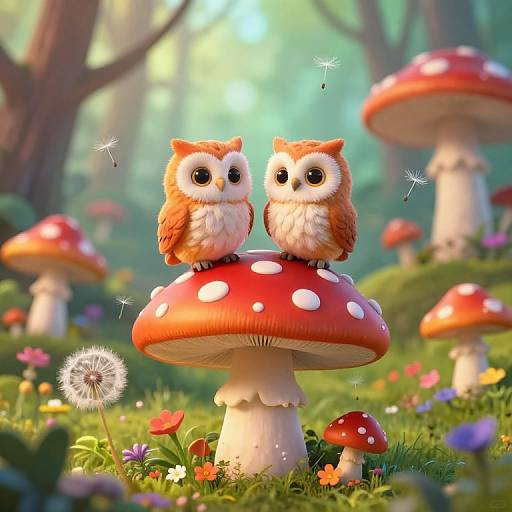 Cute digital art of two adorable, fluffy owls perched on a red-spotted mushroom in a magical forest with glowing mushrooms, flowers, and