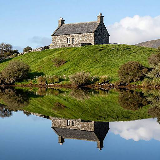 Stone Cottage on Hill with Reflection
