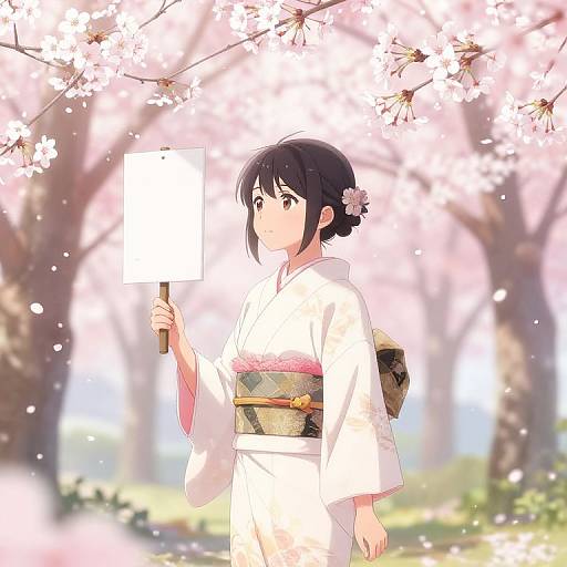 Anime-style drawing of a young woman in a white kimono with pink obi, holding a blank sign, standing under cherry blossoms.