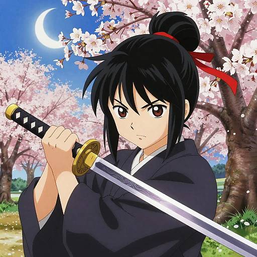 Anime-style drawing of a determined black-haired woman with a red hair ribbon, holding a katana, standing in a cherry blossom tree forest under a bright