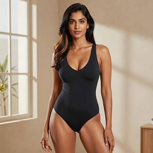 Confident South Asian Woman in Black Lingerie Bodysuit