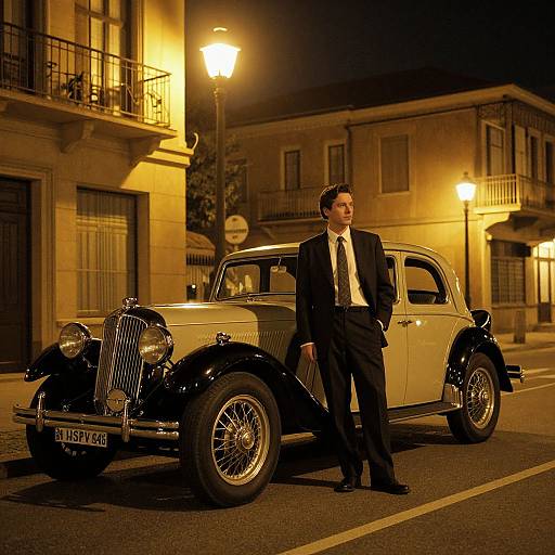 Photograph of a man in a black suit and white shirt, standing next to a vintage black-and-white classic car at night, under yellow streetlights