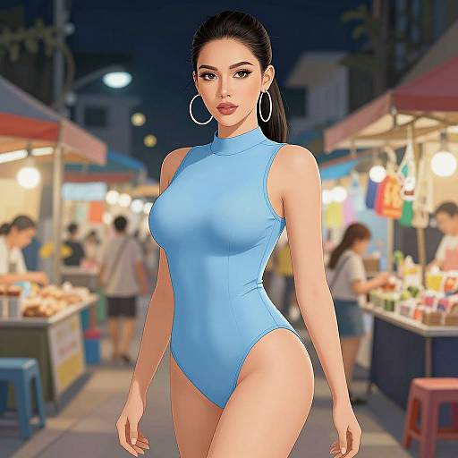 Digital artwork of a confident, dark-haired woman in a blue high-cut leotard, large hoop earrings, standing in a night market.