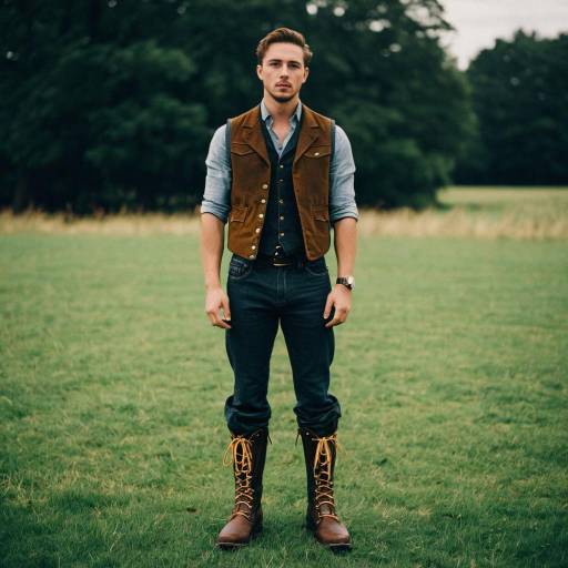 Young Man in Brown Vest and Boots Standing on Grass