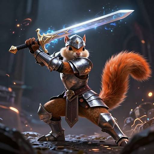 Digital art: Warrior squirrel in shiny silver armor, holding a glowing blue sword, striking a powerful pose in a dark, mystical forest.