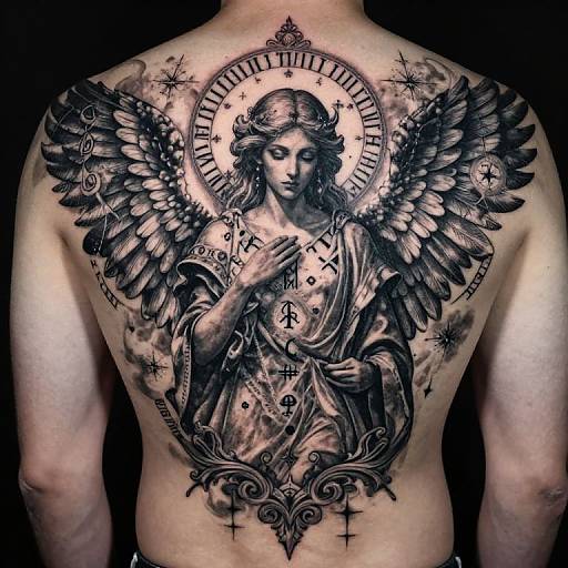 Tattooed back of a person depicting a detailed, grayscale angel with wings, halo, and religious symbols, holding a cross. Photorealistic