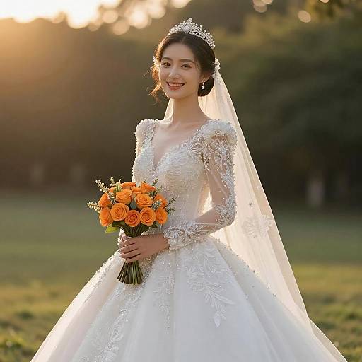 Bride in White Wedding Gown Holding Orange Flower Bouquet
