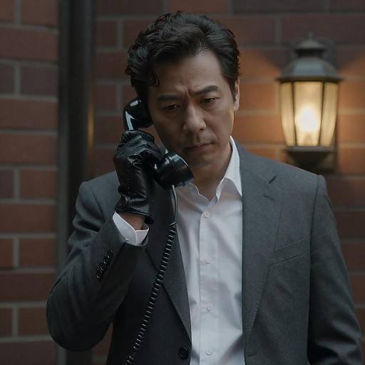 Serious Man in Gray Suit Using Vintage Telephone