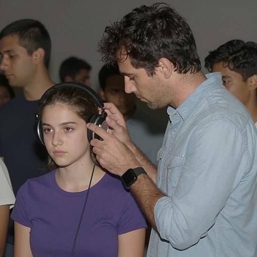 Man Adjusting Headphones for Young Woman in Crowd