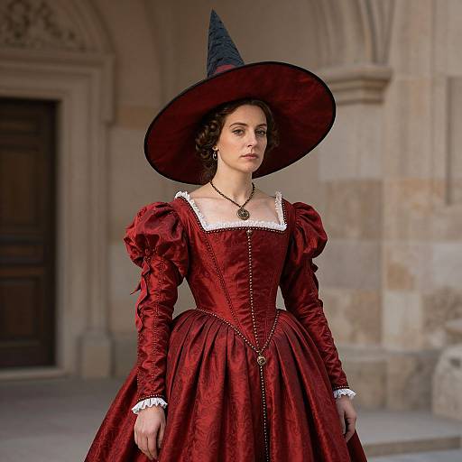 Photograph of a woman in a red Renaissance-style dress with puffed sleeves, black witch hat, and necklace, standing in front of a stone building