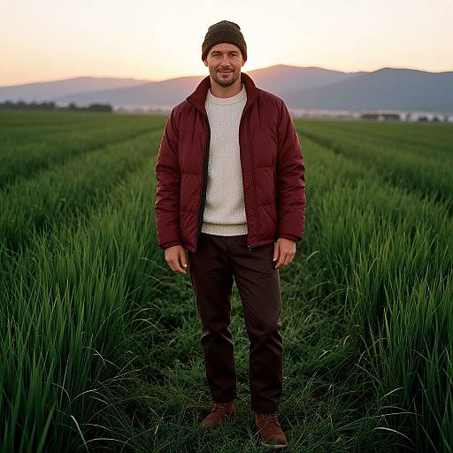 Photograph of a bearded man in a maroon jacket, white sweater, black beanie, and brown pants standing in a lush green field at