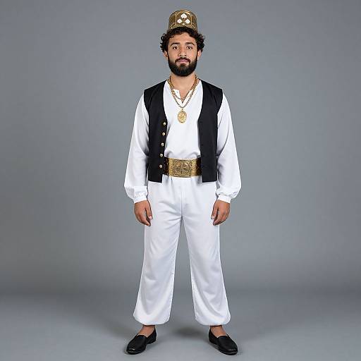 Photograph of a bearded man with medium brown skin, wearing a white outfit, black vest, gold belt, black shoes, and a gold-t